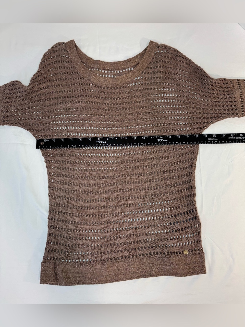 Guess Womens M Metallic Open Knit Sweater Brown Bronze Sheer - Picture 3 of 7